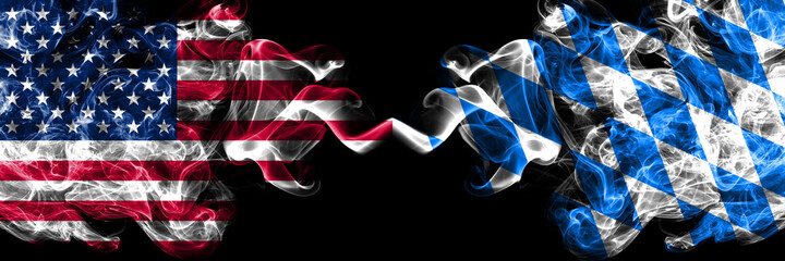 United States of America, America, US, USA, American vs Germany, Bavaria, 24 Rauten smoky mystic flags placed side by side. Thick colored silky abstract smoke flags.