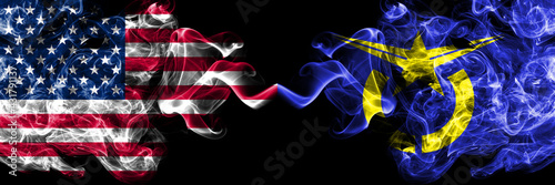 United States of America, America, US, USA, American vs Japan, Japanese, Akabira,  Hokkaido, Sorachi, Subprefecture smoky mystic flags placed side by side. Thick colored silky abstract smoke flags.
