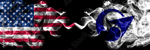 United States of America, America, US, USA, American vs Japan, Japanese, Akkeshi, Hokkaido, Kushiro, Subprefecture smoky mystic flags placed side by side. Thick colored silky abstract smoke flags.