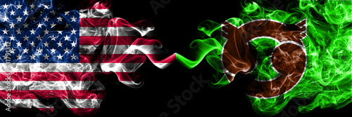 United States of America, America, US, USA, American vs Japan, Japanese, Betsukai, Hokkaido, Nemuro, Subprefecture smoky mystic flags placed side by side. Thick colored silky abstract smoke flags.