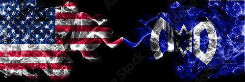 United States of America, America, US, USA, American vs Japan, Japanese, Bihoro, Hokkaido, Okhotsk, Subprefecture smoky mystic flags placed side by side. Thick colored silky abstract smoke flags.