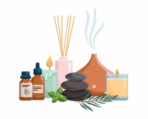 Composition with aromatherapy accessories with essential oils. Aroma lamp, diffuser, essential oil, stones and aromatic flowers. Vector illustration on white background. - obrazy, fototapety, plakaty