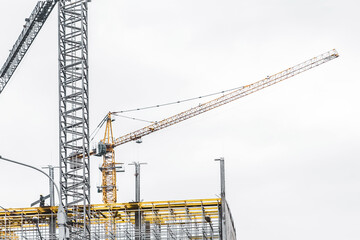 Fototapeta na wymiar Tower crane against the gray sky builds a new city building or house on a construction site