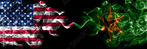 United States of America, America, US, USA, American vs Japan, Japanese, Horonobe, Hokkaido, Soya, Subprefecture smoky mystic flags placed side by side. Thick colored silky abstract smoke flags.