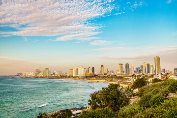 Skyscrapers on the waterfront on a sunny day in Tel Aviv