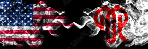 United States of America, America, US, USA, American vs Japan, Japanese, Kanagawa Prefecture smoky mystic flags placed side by side. Thick colored silky abstract smoke flags.