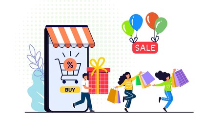 Naklejka premium Shopping banner template Free shipping Sale and discounts Digital bill vector illustration Happy shopping day for web banner Mobile application for online shopping