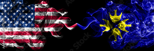 United States of America, America, US, USA, American vs Japan, Japanese, Niikappu, Hokkaido, Hidaka, Subprefecture smoky mystic flags placed side by side. Thick colored silky abstract smoke flags.