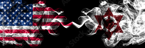 United States of America, America, US, USA, American vs Japan, Japanese, Niki, Hokkaido, Shiribeshi, Subprefecture smoky mystic flags placed side by side. Thick colored silky abstract smoke flags.