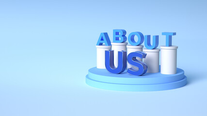 3D about us written on a blue background. Presentation.