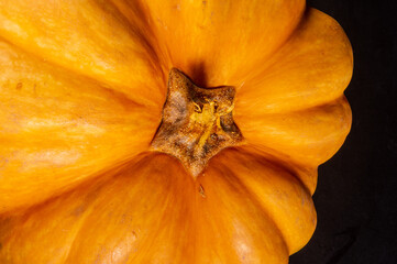 Whole fresh orange big pumpkin on black background, closeup. Organic agricultural product, ingredients for cooking, healthy food vegan.