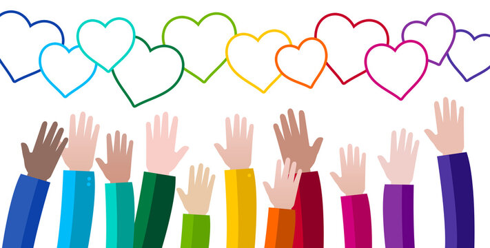 illustration représentant un groupe de personnes et des coeurs - groupe heureux