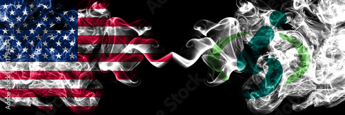 United States of America, America, US, USA, American vs Japan, Japanese, Saitama smoky mystic flags placed side by side. Thick colored silky abstract smoke flags.