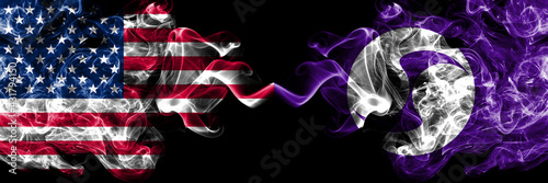 United States of America, America, US, USA, American vs Japan, Japanese, Samani, Hokkaido, Hidaka, Subprefecture smoky mystic flags placed side by side. Thick colored silky abstract smoke flags.
