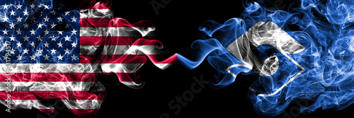 United States of America, America, US, USA, American vs Japan, Japanese, Shizuoka smoky mystic flags placed side by side. Thick colored silky abstract smoke flags.