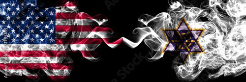 United States of America, America, US, USA, American vs Japan, Japanese, Wakkanai, Hokkaido, Soya, Subprefecture smoky mystic flags placed side by side. Thick colored silky abstract smoke flags.