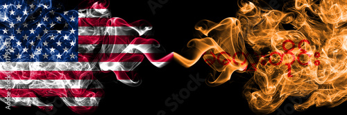 United States of America, America, US, USA, American vs Myanmar, Magway Division smoky mystic flags placed side by side. Thick colored silky abstract smoke flags.