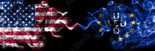 United States of America, America, US, USA, American vs Organizations, Western European Union smoky mystic flags placed side by side. Thick colored silky abstract smoke flags.