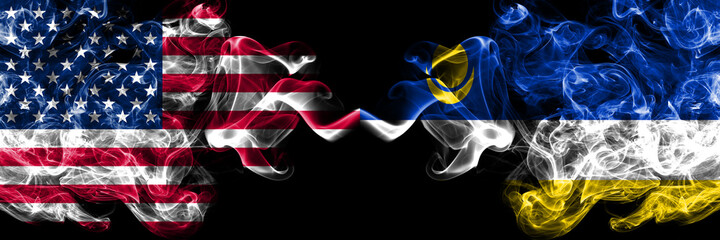 United States of America, America, US, USA, American vs Russia, Buryatia smoky mystic flags placed side by side. Thick colored silky abstract smoke flags.
