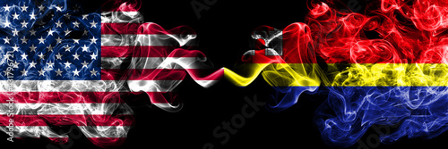 United States of America, America, US, USA, American vs Russia, Russian, Kaliningrad Oblast smoky mystic flags placed side by side. Thick colored silky abstract smoke flags.