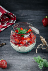 Panna cotta with fresh strawberries and mint