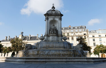 The Fountain Saint-Sulpice or Fountain of the Four Bishops built between 1844 and 1848 near Saint Sulpice church, Paris, France.
