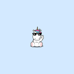 Cute unicorn with pixel glasses sitting and doing victory sign, vector illustration