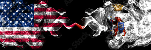 United States of America, America, US, USA, American vs Russia, Russian, Mari El smoky mystic flags placed side by side. Thick colored silky abstract smoke flags.