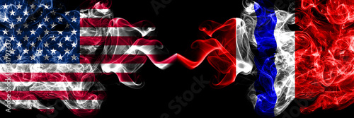 United States of America, America, US, USA, American vs Russia, Russian, Omsk Oblast smoky mystic flags placed side by side. Thick colored silky abstract smoke flags.