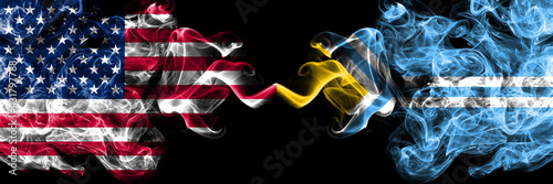 United States of America, America, US, USA, American vs Russia, Russian, Tuva smoky mystic flags placed side by side. Thick colored silky abstract smoke flags.