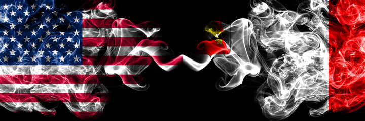 United States of America, America, US, USA, American vs Russia, Russian, Vologda oblast smoky mystic flags placed side by side. Thick colored silky abstract smoke flags.