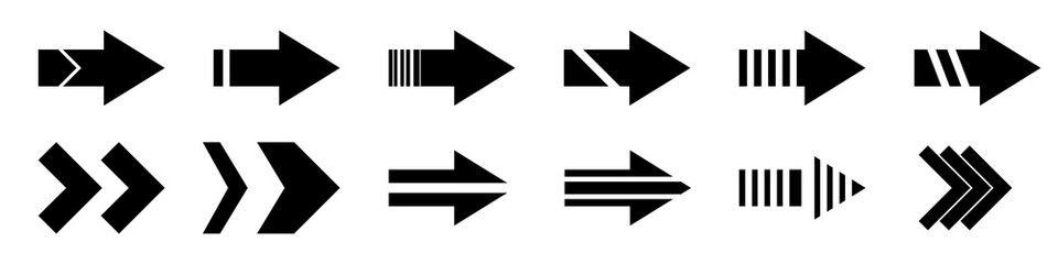 Black arrows pointing to the right icon set. Vector set of trendy black arrows in flat style. Collection of simple vector arrows. Cursors icons. Vector illustration.