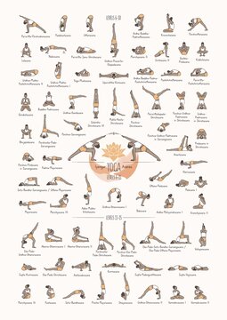 Hand drawn poster of hatha yoga poses and their names, Iyengar yoga asanas difficulty levels 6-15