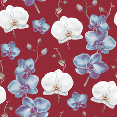 Fototapeta na wymiar Hand painted watercolor phalaenopsis in red shade, isolated on dark background. Watercolor elements on seamless pattern for interior design, clothes textile, silk scarf, tablecloth