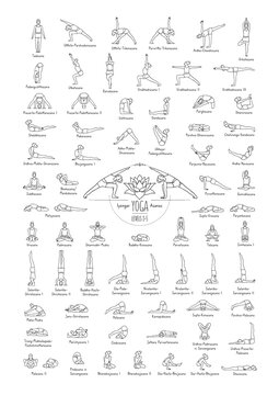 Hand drawn poster of hatha yoga poses and their names, Iyengar yoga asanas difficulty levels 1-5
