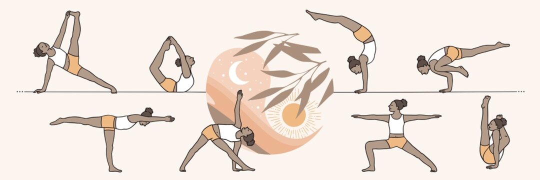 Hand drawn banner with various yoga position and yin yang logo in the middle