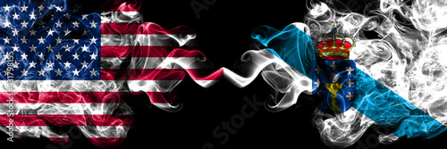 United States of America, America, US, USA, American vs Spain, Espana, Galicia smoky mystic flags placed side by side. Thick colored silky abstract smoke flags.