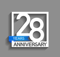 28 years anniversary logotype with white color in square and blue ribbon isolated on grey background. vector can be use for company celebration purpose