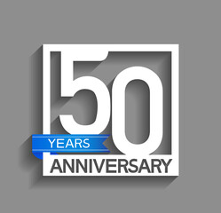 50 years anniversary logotype with white color in square and blue ribbon isolated on grey background. vector can be use for company celebration purpose