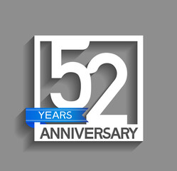 52 years anniversary logotype with white color in square and blue ribbon isolated on grey background. vector can be use for company celebration purpose