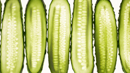 Cucumber green slices pattern isolated on white background. Creative cucumbers wallpaper, food backdrop design