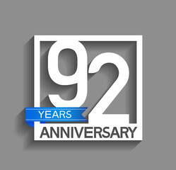 92 years anniversary logotype with white color in square and blue ribbon isolated on grey background. vector can be use for company celebration purpose