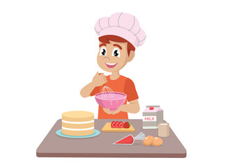 Little boy cooking making a cake 