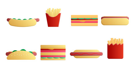 Large set of delicious sweet food and treats, fast food, hot dog, french fries and sandwich treats for use as icon, logo