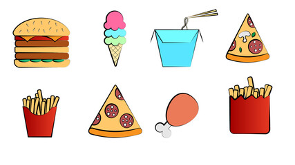 Big set of delicious sweet food and treats, fast food, burgers treats, french fries pizza, fried chicken and noodles for use as an icon, logo