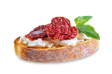 Ricotta dried tomato Basil bruschetta on a white isolated background