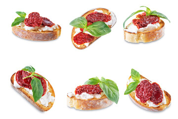Ricotta dried tomato Basil bruschetta on a white isolated background
