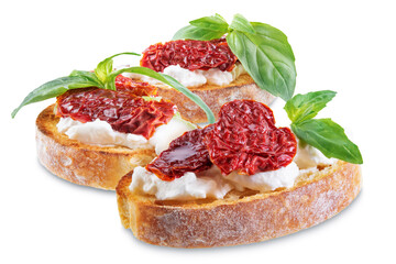Ricotta dried tomato Basil bruschetta on a white isolated background