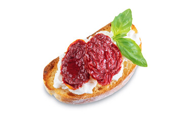 Ricotta dried tomato Basil bruschetta on a white isolated background