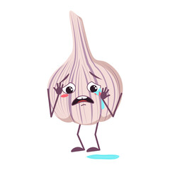 Cute garlic characters with crying and tears emotions, face, arms and legs. The funny or sad hero, vegetable